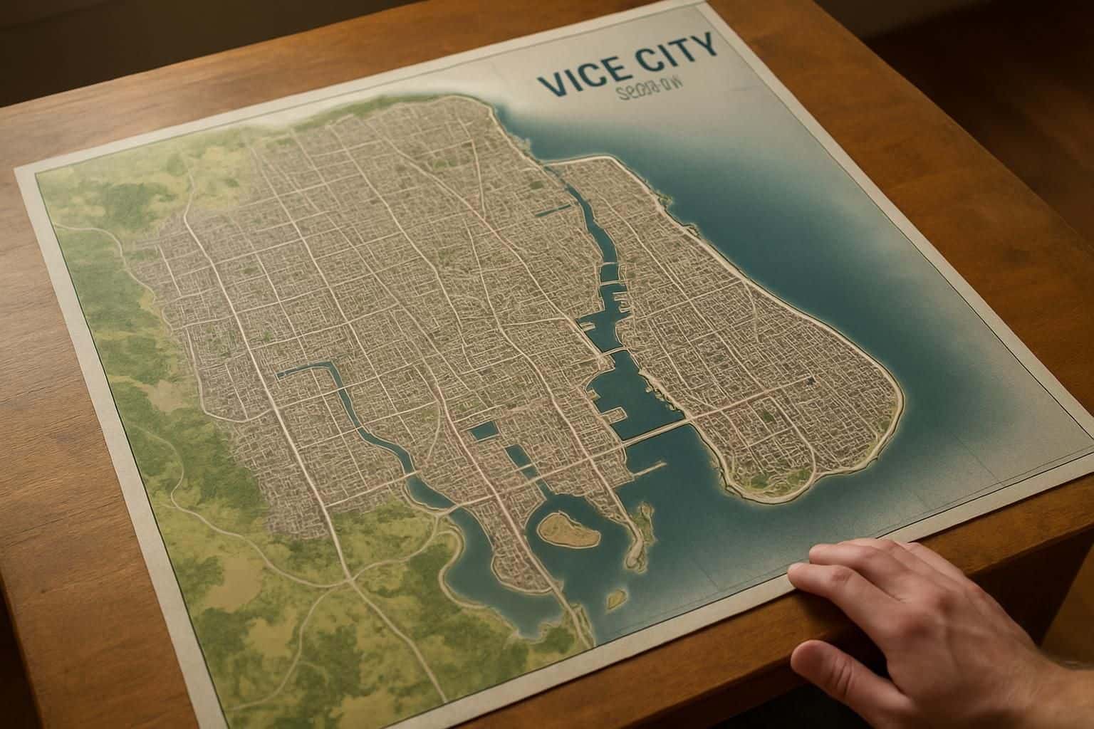 The image features a detailed aerial map of Vice City from GTA 6 displayed on textured paper with a person's hand nearby. The image features a detailed aerial map of Vice City from GTA 6 displayed on textured paper with a person's hand nearby.
