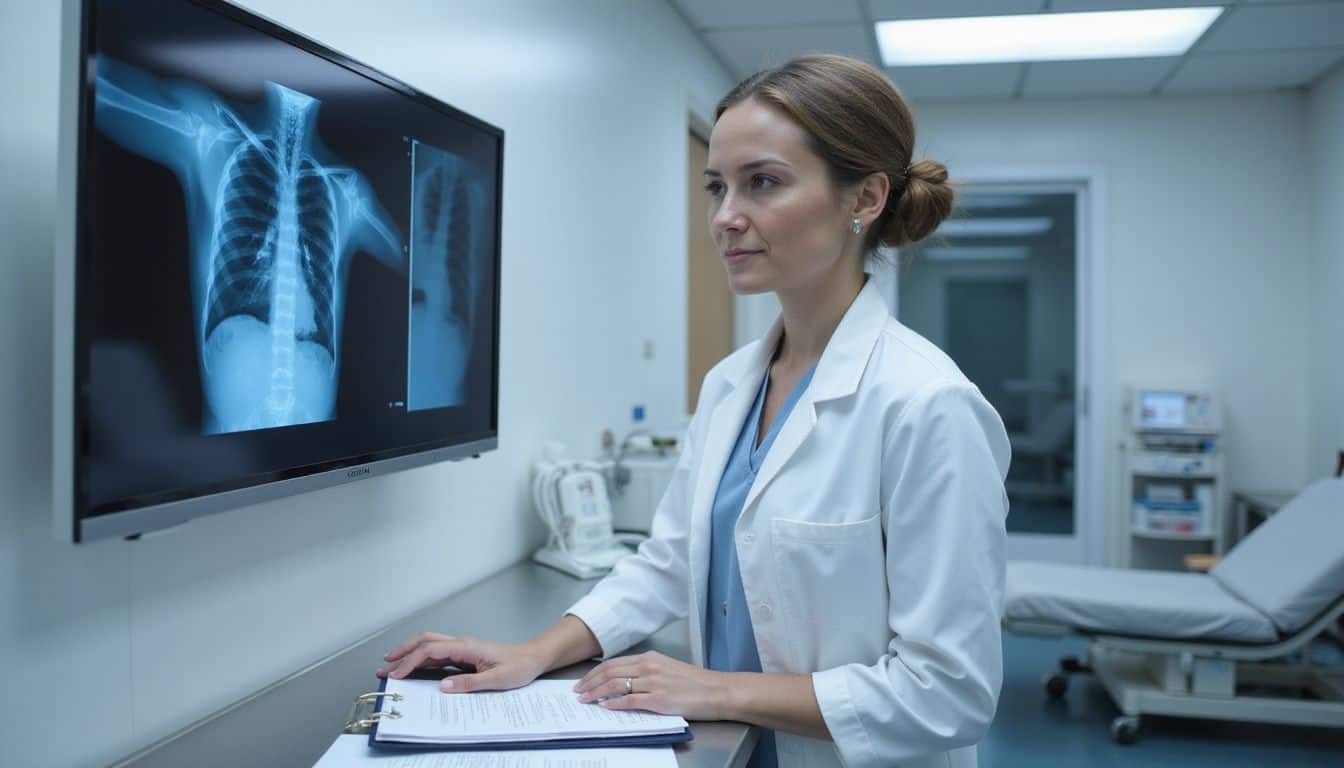 A focused woman in a lab coat analyzes a digital X-ray in a sterile hospital room. A focused woman in a lab coat analyzes a digital X-ray in a sterile hospital room.