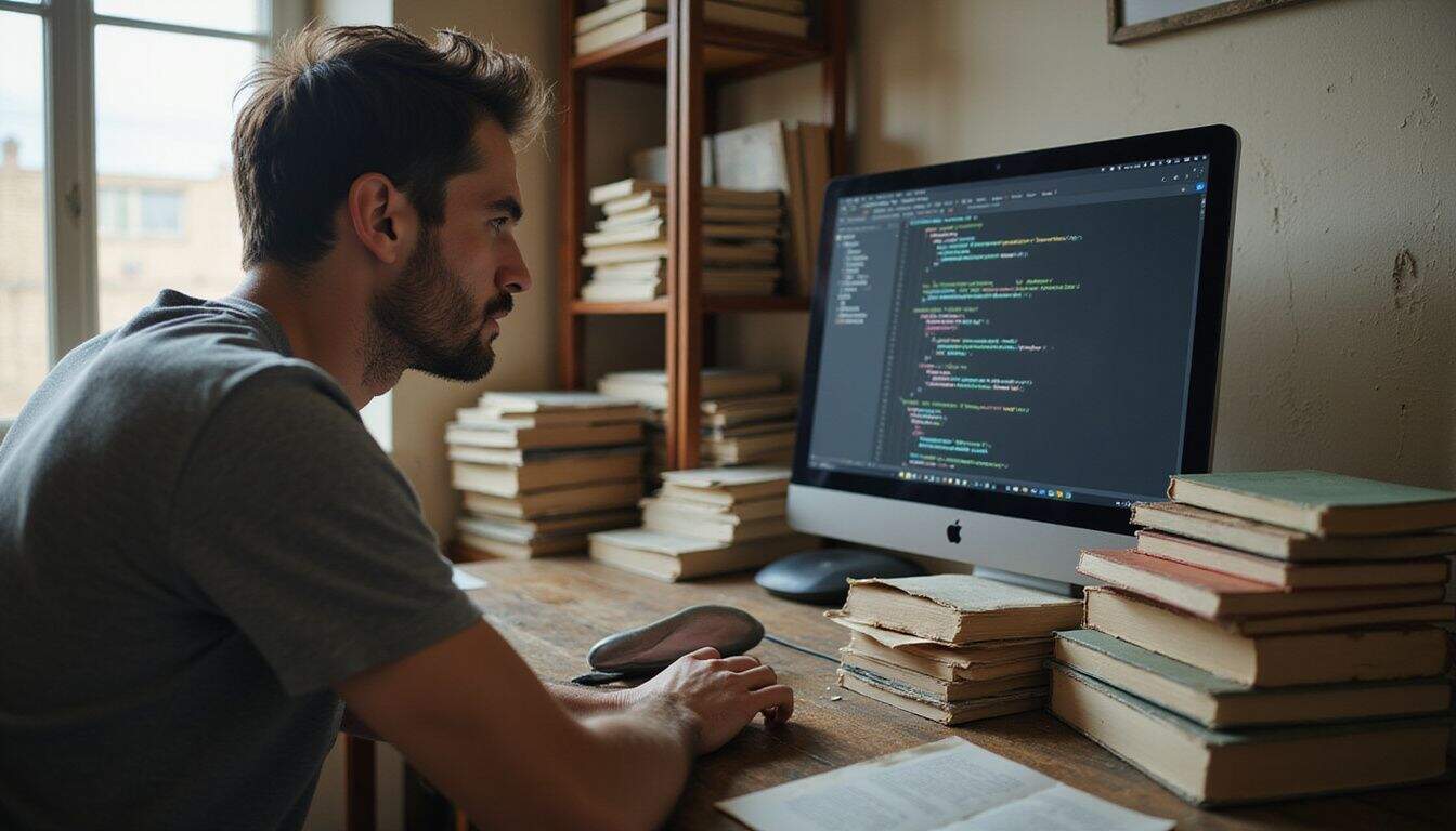 A focused man works at a cluttered desk, programming AI technology that transforms text into images. A focused man works at a cluttered desk, programming AI technology that transforms text into images.