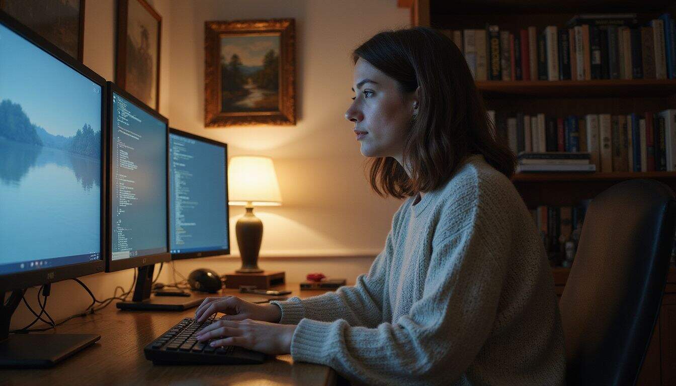 A woman in a cozy workspace concentrates on coding, surrounded by books and computer screens displaying intricate images. A woman in a cozy workspace concentrates on coding, surrounded by books and computer screens displaying intricate images.