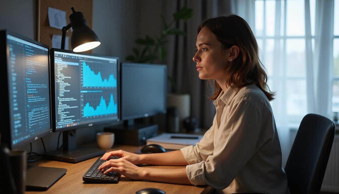 A woman in her 30s works intently at a desk surrounded by monitors, using AI software to create detailed images. A woman in her 30s works intently at a desk surrounded by monitors, using AI software to create detailed images.