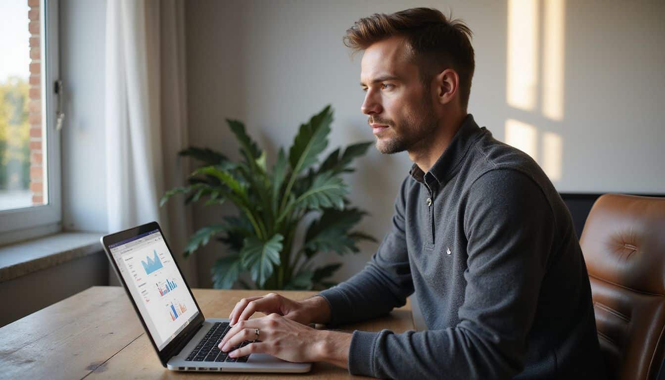 A focused man in a charcoal sweater works at a sleek desk, analyzing AI-driven marketing analytics on his laptop. A focused man in a charcoal sweater works at a sleek desk, analyzing AI-driven marketing analytics on his laptop.