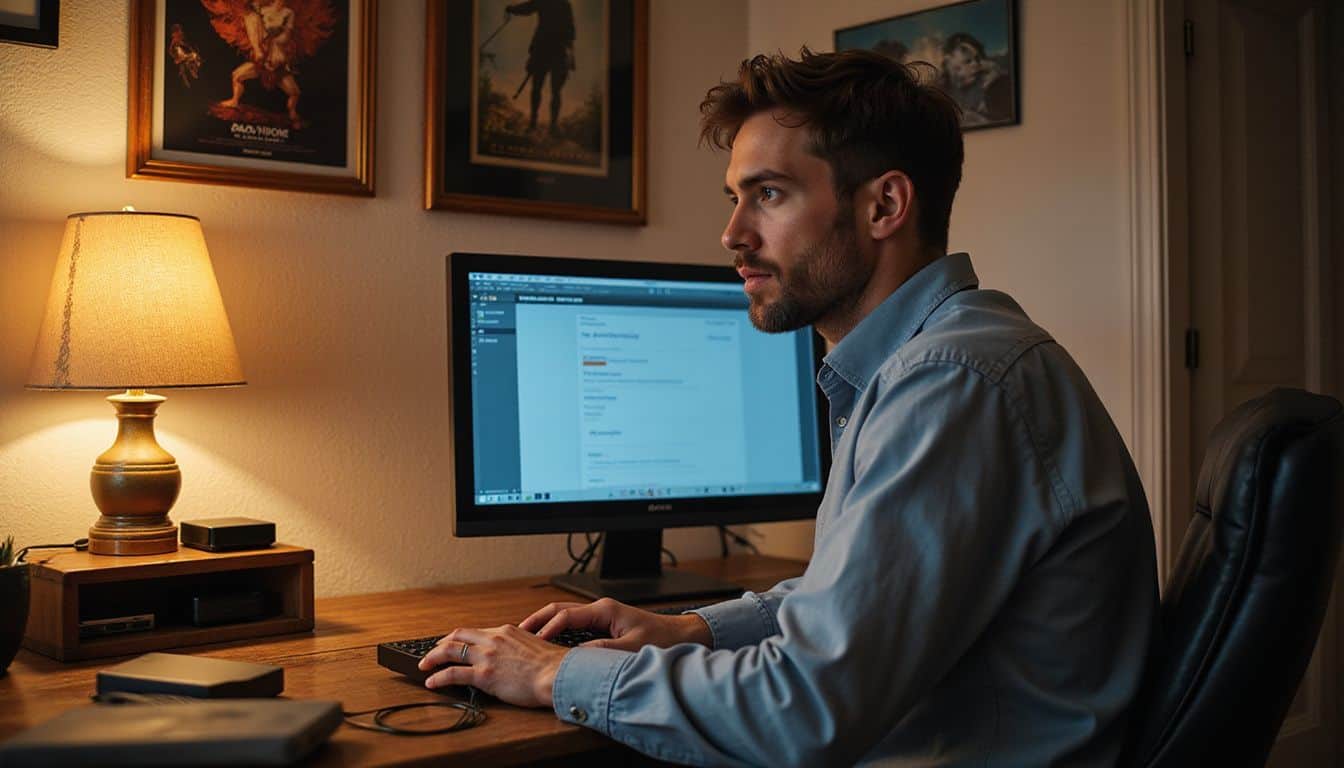 A man in a casual shirt sits at a desk, focused on a computer screen in his home office. A man in a casual shirt sits at a desk, focused on a computer screen in his home office.