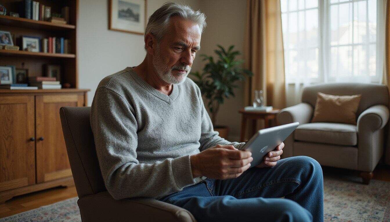 An elderly man in a cozy living room uses a tablet to edit a photograph, surrounded by personal items. An elderly man in a cozy living room uses a tablet to edit a photograph, surrounded by personal items.