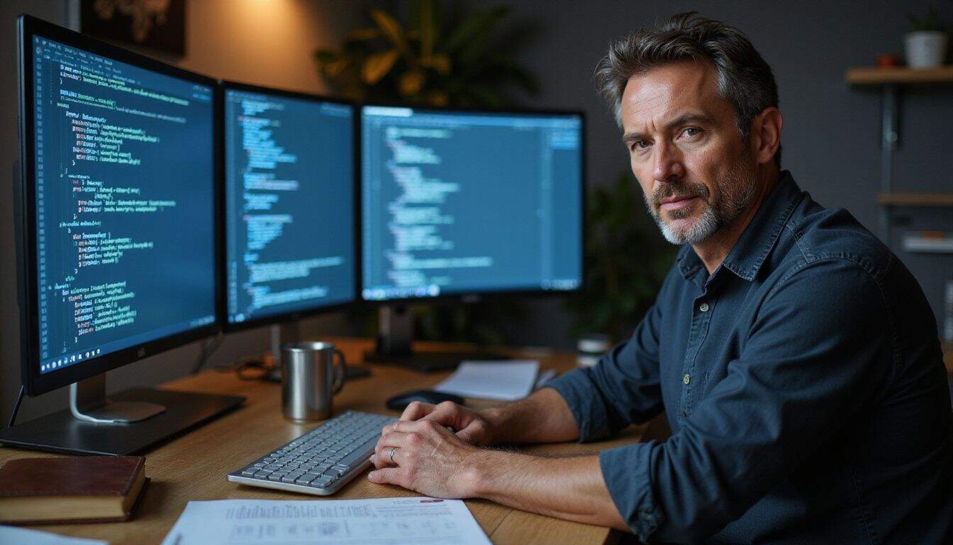 A focused middle-aged man sits at a modern desk, surrounded by multiple monitors displaying complex coding and digital patterns. A focused middle-aged man sits at a modern desk, surrounded by multiple monitors displaying complex coding and digital patterns.