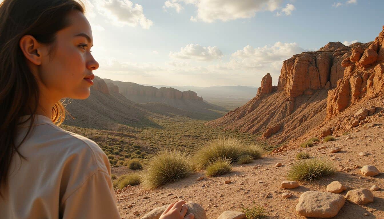 The image features a serene abstract landscape with a contemplative figure observing the rich, textured terrain. The image features a serene abstract landscape with a contemplative figure observing the rich, textured terrain.