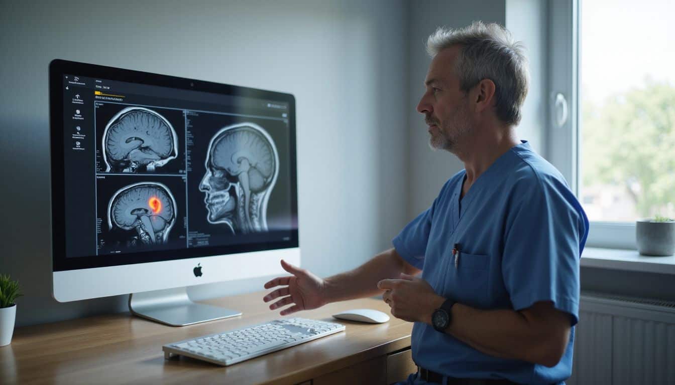 A focused radiologist analyzes detailed brain MRI scans on a modern computer workstation, highlighting tumor regions in color. A focused radiologist analyzes detailed brain MRI scans on a modern computer workstation, highlighting tumor regions in color.