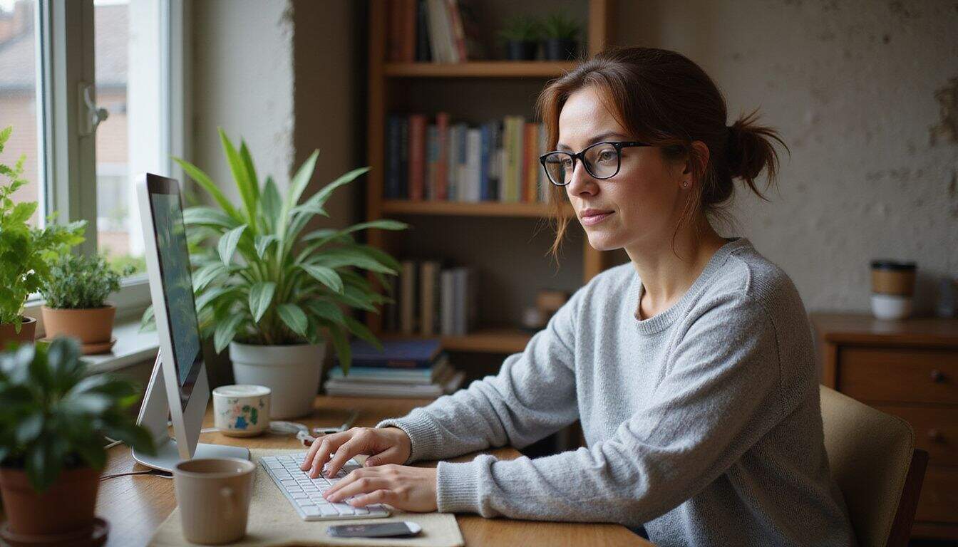 A woman in a cozy home office leans over her keyboard, surrounded by books and plants, deep in concentration. A woman in a cozy home office leans over her keyboard, surrounded by books and plants, deep in concentration.