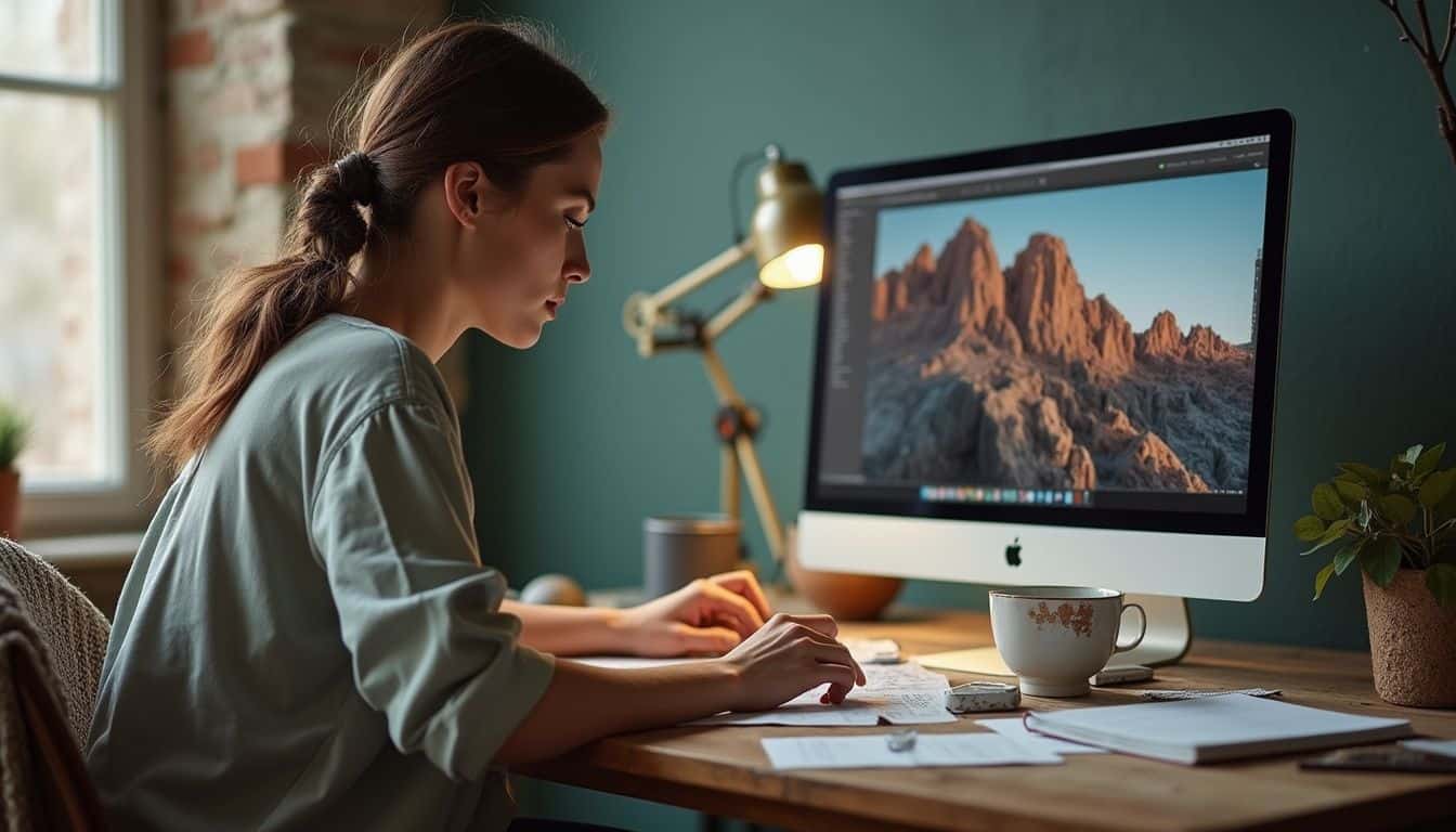 A woman in a casual shirt focuses on image editing at her cluttered wooden desk, embodying calm creativity. A woman in a casual shirt focuses on image editing at her cluttered wooden desk, embodying calm creativity.