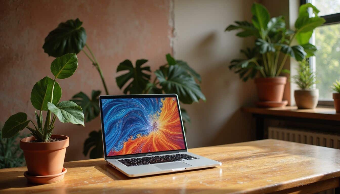 A sleek laptop displays a vibrant AI image on a polished desk surrounded by lush plants and a relaxed individual. A sleek laptop displays a vibrant AI image on a polished desk surrounded by lush plants and a relaxed individual.