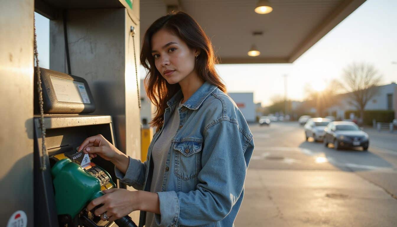A woman in a denim jacket inserts a card at a self-service gas station pump on a late afternoon. A woman in a denim jacket inserts a card at a self-service gas station pump on a late afternoon.
