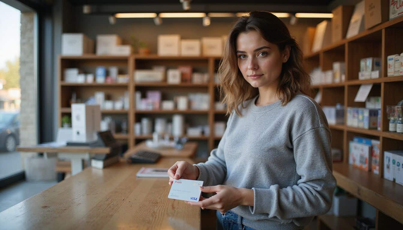 A woman in a grey sweater extends a Vanilla Visa card at a worn wooden counter in a retail store. A woman in a grey sweater extends a Vanilla Visa card at a worn wooden counter in a retail store.