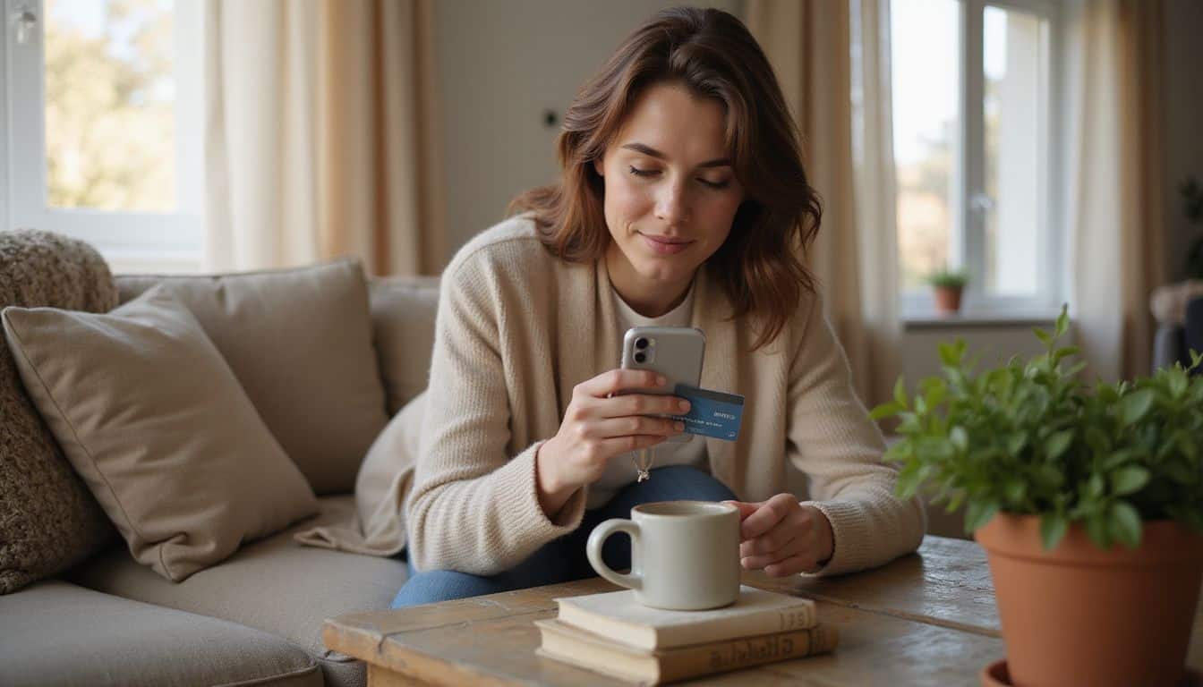 A woman sits on a sofa, focused on her iPhone while surrounded by a cozy living room ambiance. A woman sits on a sofa, focused on her iPhone while surrounded by a cozy living room ambiance.