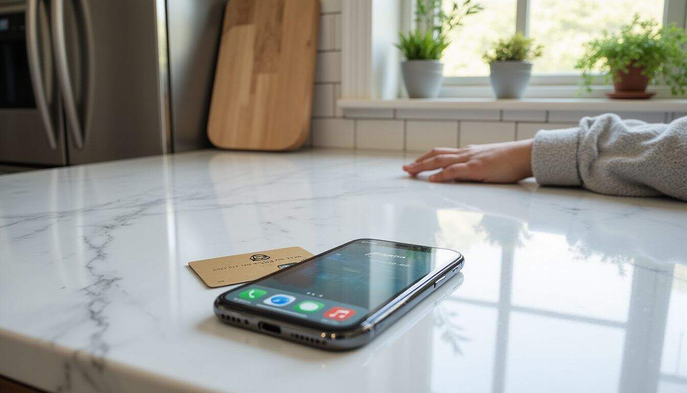 A polished white quartz kitchen counter showcases an iPhone displaying the Apple Wallet app next to a Vanilla prepaid card. A polished white quartz kitchen counter showcases an iPhone displaying the Apple Wallet app next to a Vanilla prepaid card.