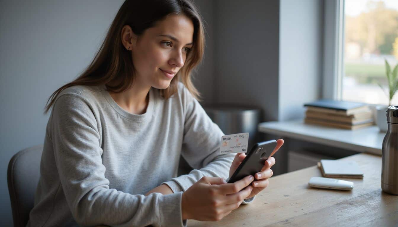 A focused woman in a gray sweater interacts with her smartphone while holding a Vanilla Visa Gift Card at her desk. A focused woman in a gray sweater interacts with her smartphone while holding a Vanilla Visa Gift Card at her desk.