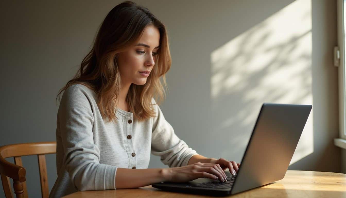 A woman concentrates on entering her Vanilla card information while seated at a small wooden table with an open laptop. A woman concentrates on entering her Vanilla card information while seated at a small wooden table with an open laptop.
