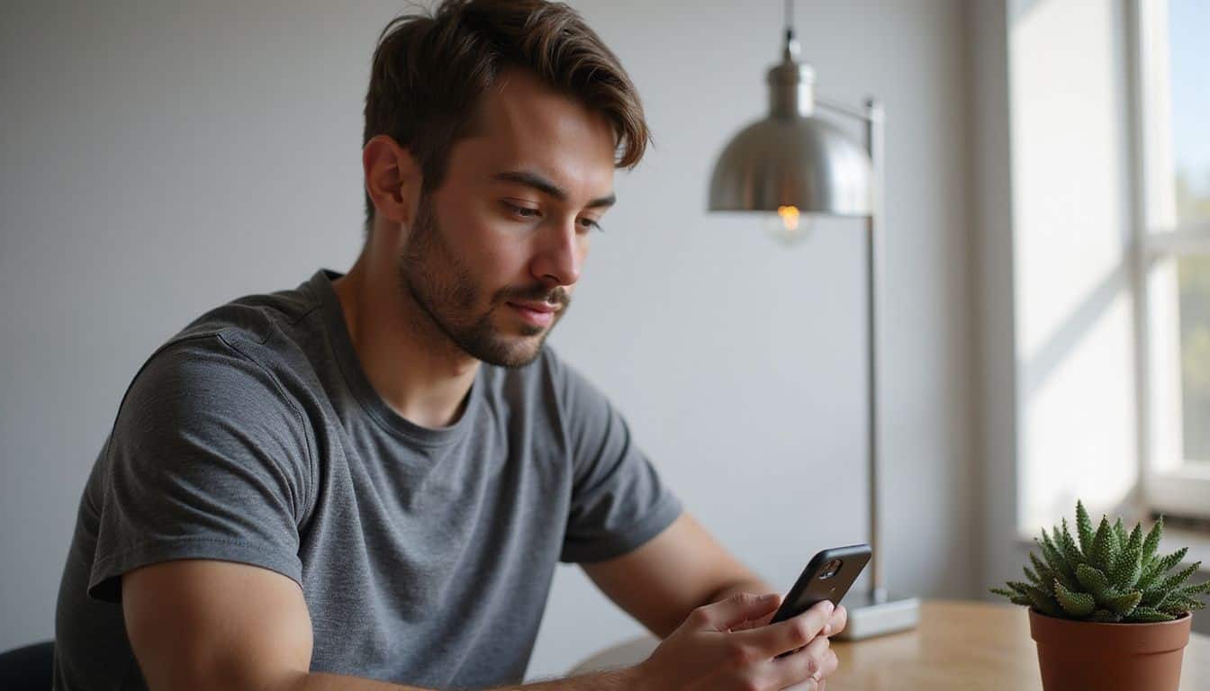 A focused person in their early 30s examines their iPhone’s Settings menu at a wooden desk. A focused person in their early 30s examines their iPhone’s Settings menu at a wooden desk.