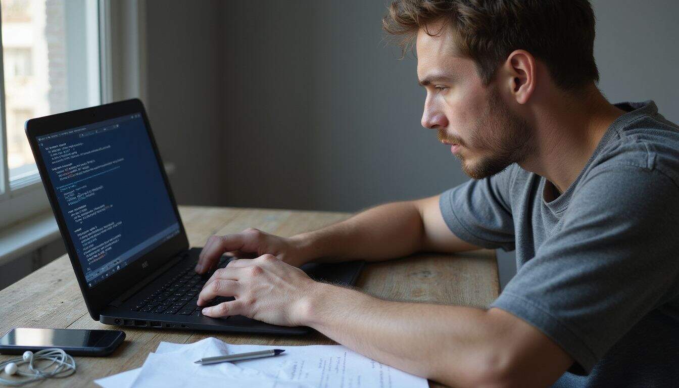 A focused young man types on a laptop, surrounded by crumpled papers and electronic gadgets, reflecting mild frustration. A focused young man types on a laptop, surrounded by crumpled papers and electronic gadgets, reflecting mild frustration.