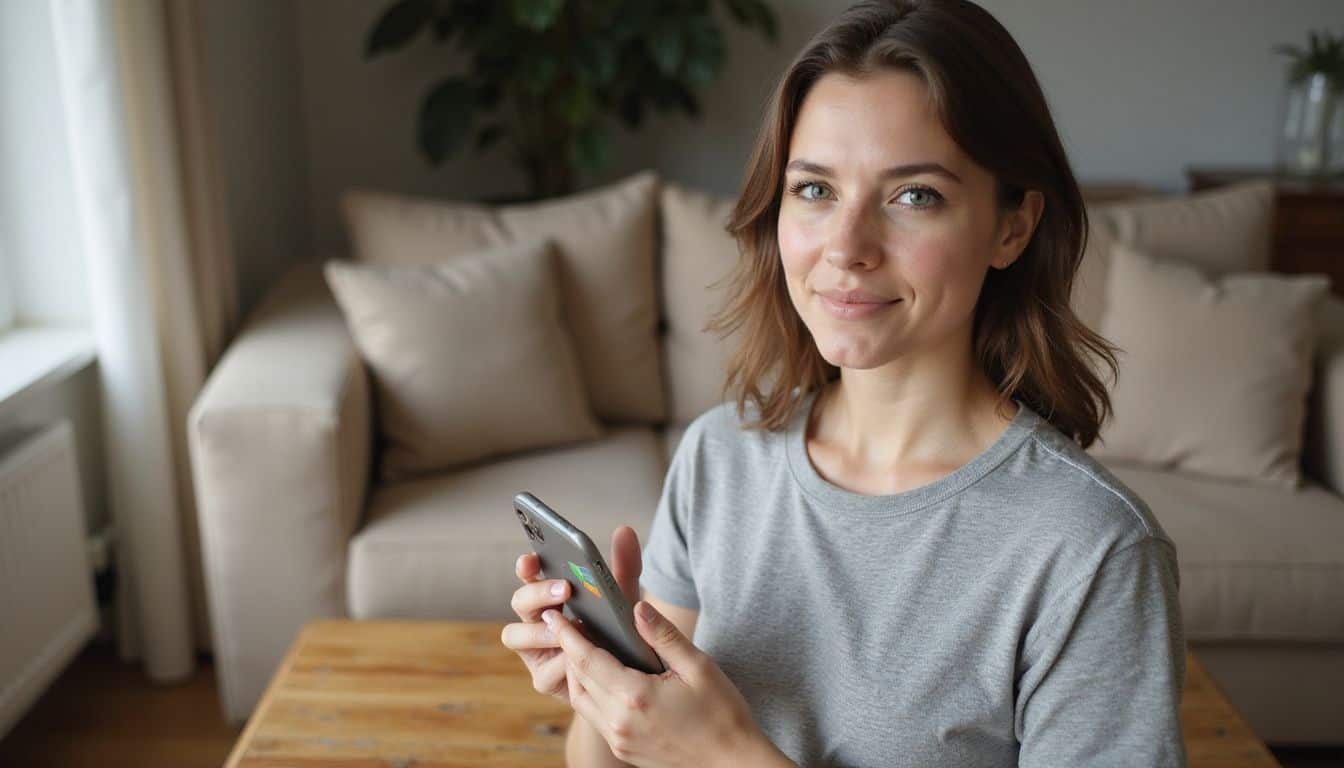 A woman in a casual gray t-shirt holds an iPhone in a cozy living room with a beige sofa. A woman in a casual gray t-shirt holds an iPhone in a cozy living room with a beige sofa.