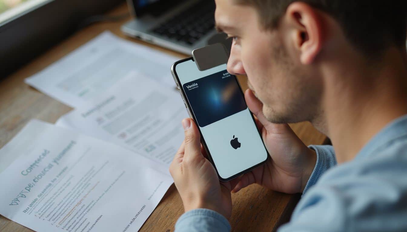A person in their 30s, determined yet frustrated, holds a Vanilla Visa gift card while using Apple Pay on their smartphone. A person in their 30s, determined yet frustrated, holds a Vanilla Visa gift card while using Apple Pay on their smartphone.