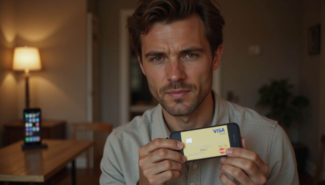 A man in his early 30s holds a Vanilla Visa gift card, expressing uncertainty as he looks at his phone. A man in his early 30s holds a Vanilla Visa gift card, expressing uncertainty as he looks at his phone.