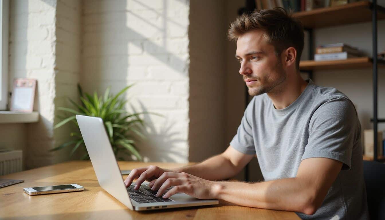 A young man is focused on activating a prepaid card at his wooden desk in a cozy home office. A young man is focused on activating a prepaid card at his wooden desk in a cozy home office.