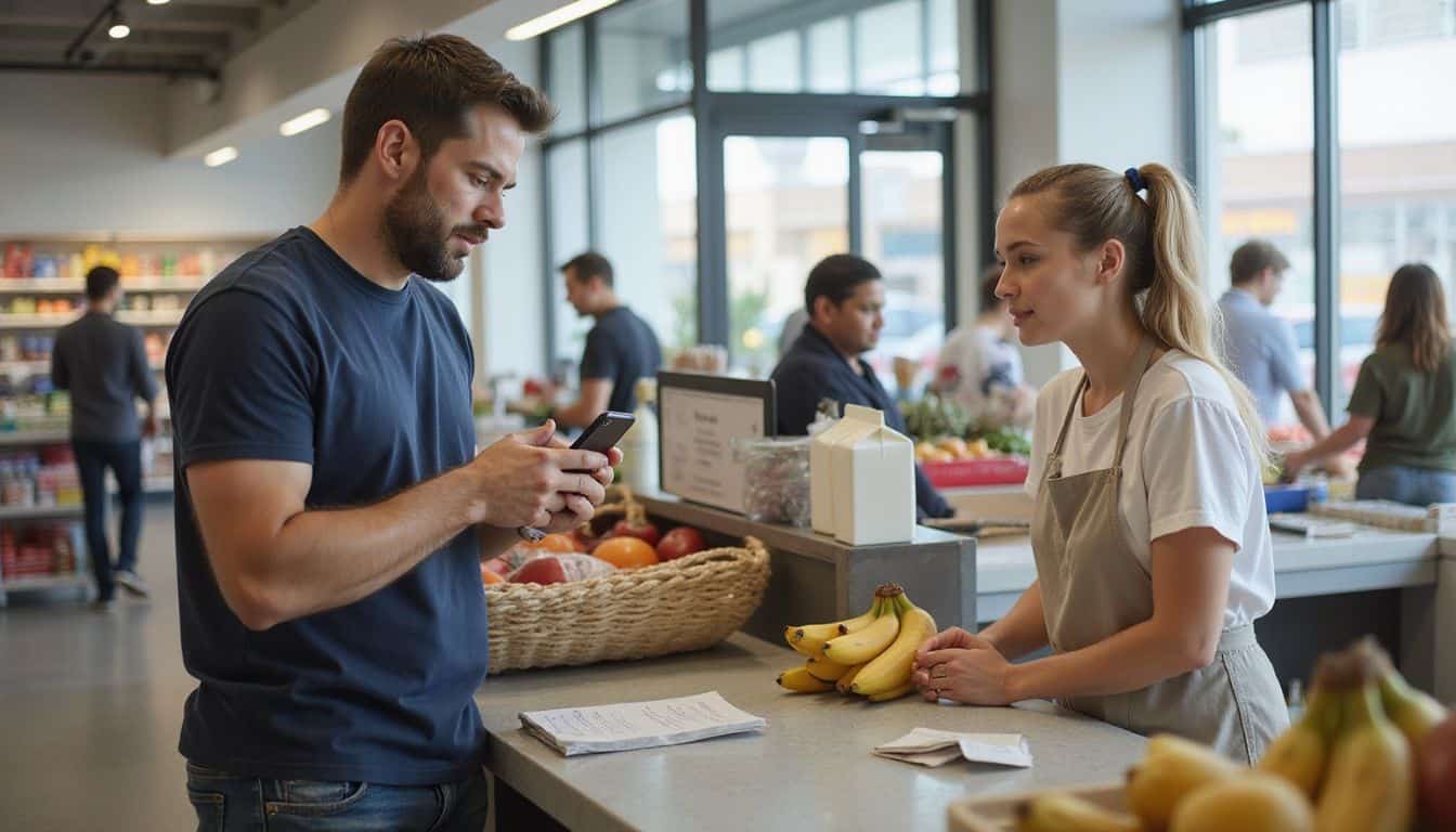 A confused man uses his smartphone at a grocery store checkout while a composed cashier assists him. A confused man uses his smartphone at a grocery store checkout while a composed cashier assists him.