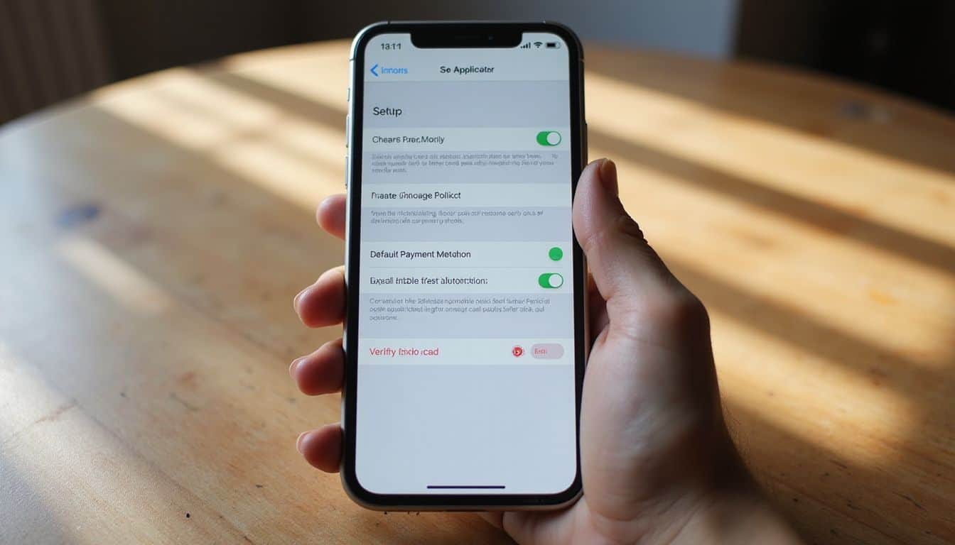 A close-up of a smartphone displaying the Apple Pay setup interface on a wooden table. A close-up of a smartphone displaying the Apple Pay setup interface on a wooden table.