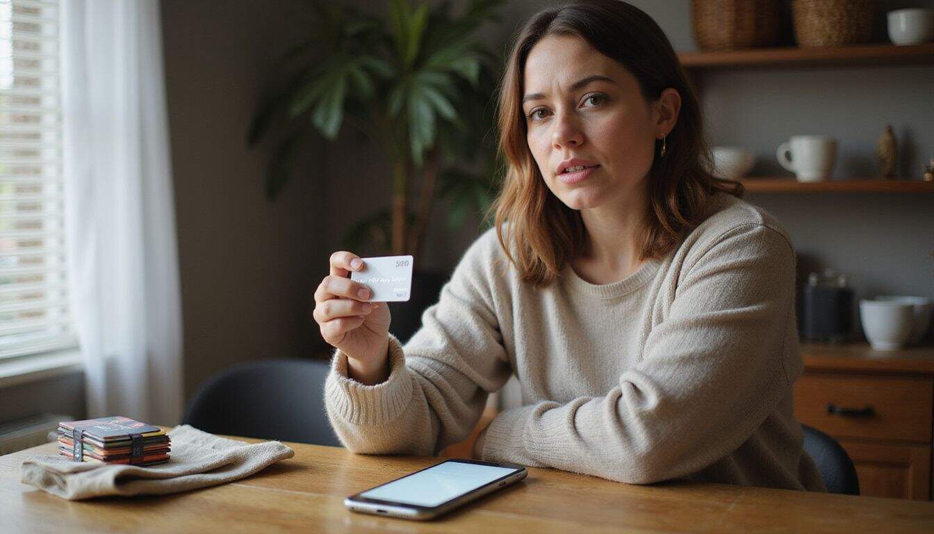 A woman holds a prepaid card, puzzled by her iPhone's notification that it isn't supported by Apple Pay. A woman holds a prepaid card, puzzled by her iPhone's notification that it isn't supported by Apple Pay.