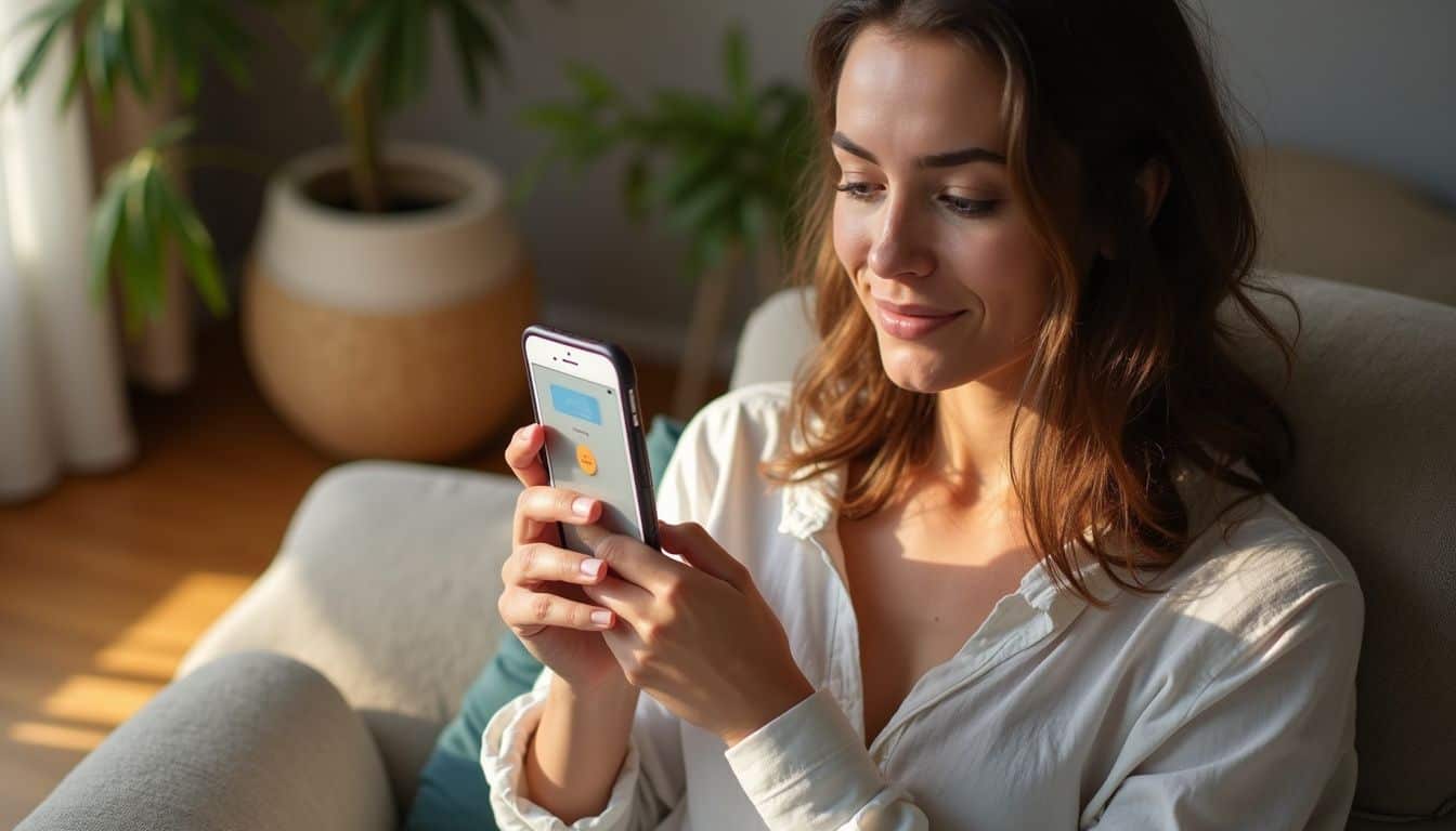 A woman in her mid-30s sits comfortably, holding an iPhone displaying the Wallet app in a cozy living room. A woman in her mid-30s sits comfortably, holding an iPhone displaying the Wallet app in a cozy living room.