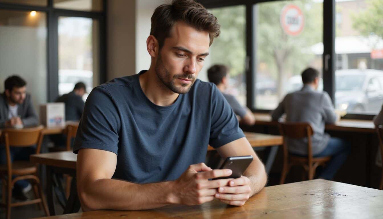 A focused man in casual attire inputs a phone number into the Venmo app at a coffee shop. A focused man in casual attire inputs a phone number into the Venmo app at a coffee shop.
