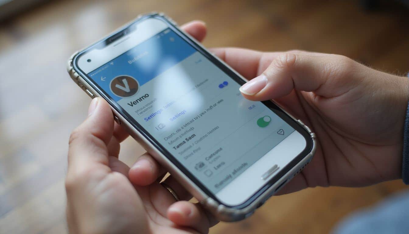 A person inspects a smartphone displaying a verified Venmo profile with visible details and reflections on the screen. A person inspects a smartphone displaying a verified Venmo profile with visible details and reflections on the screen.