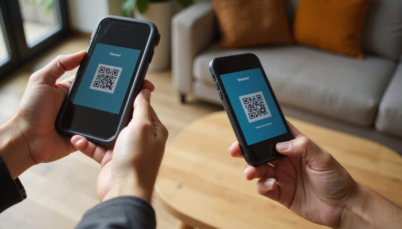 A smartphone displays a Venmo QR code while another phone is poised to scan it in a cozy living room. A smartphone displays a Venmo QR code while another phone is poised to scan it in a cozy living room.