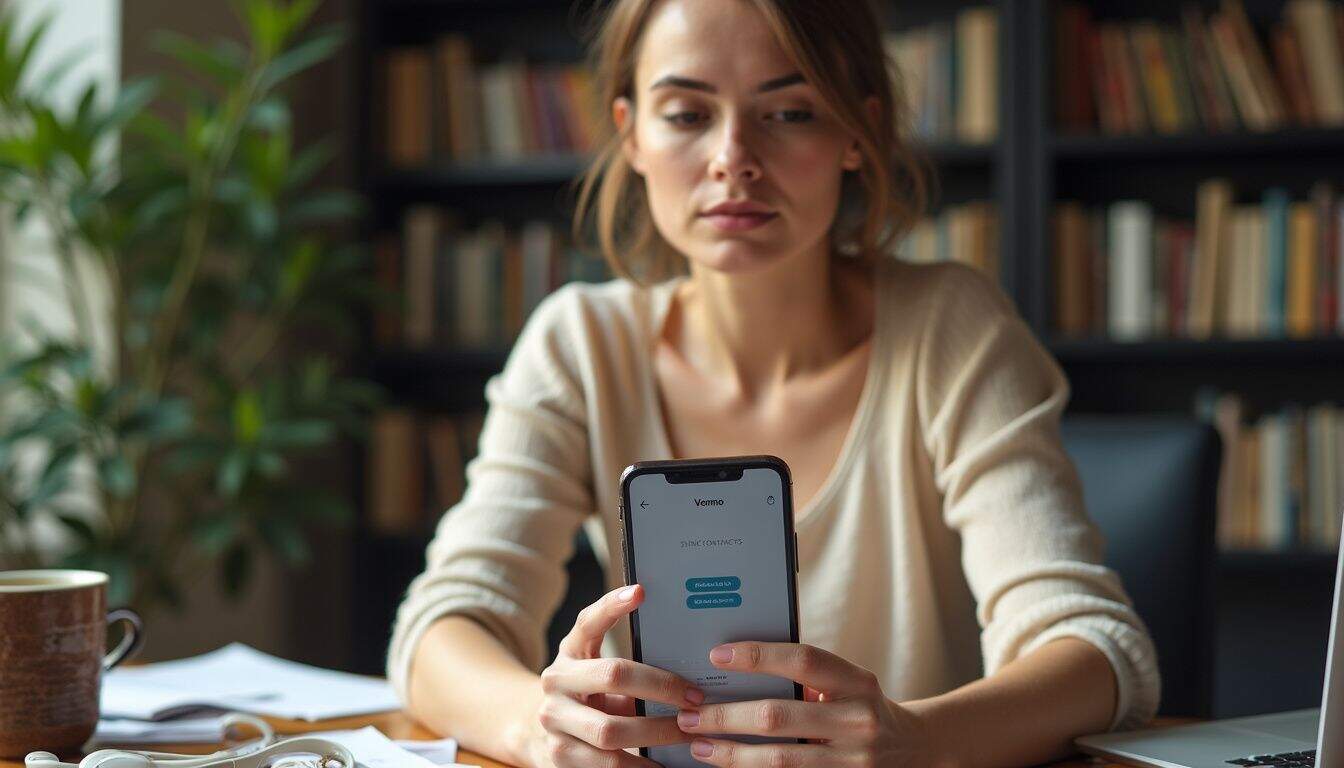 A woman in her mid-30s focuses intently on her smartphone while seated at a cluttered wooden desk. A woman in her mid-30s focuses intently on her smartphone while seated at a cluttered wooden desk.