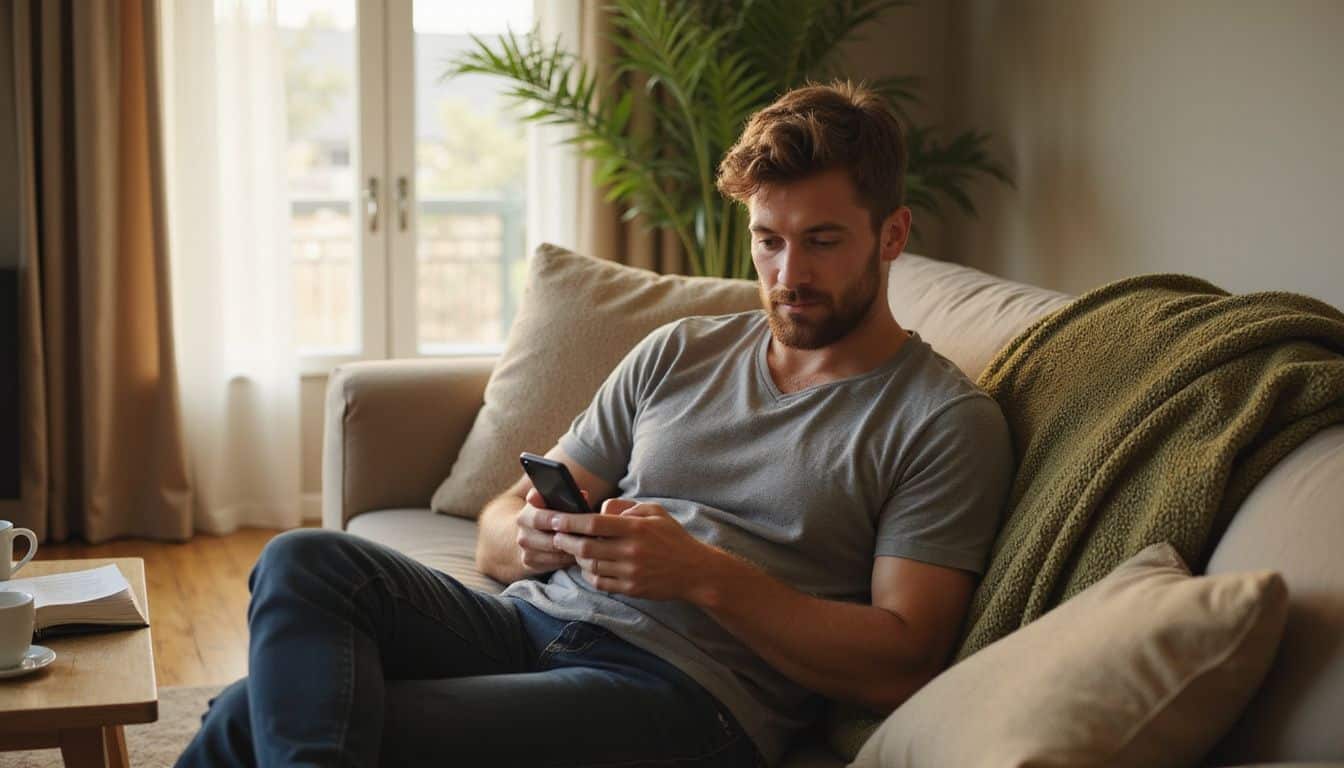 A man in his 30s sits on a sofa, focused on his smartphone in a cozy, inviting living room. A man in his 30s sits on a sofa, focused on his smartphone in a cozy, inviting living room.