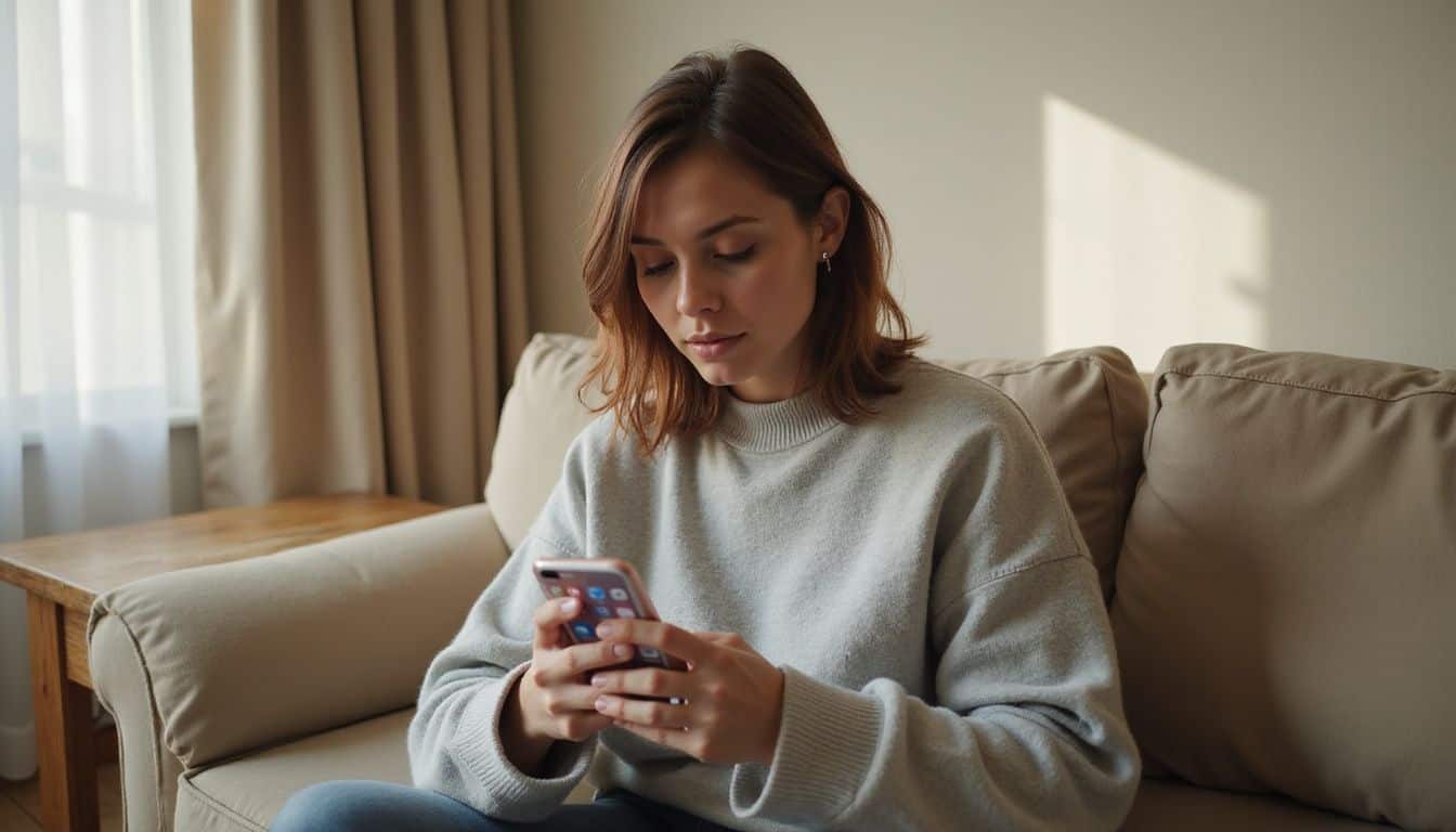 A woman in a cozy sweater is focused on her smartphone while seated on a plush sofa.