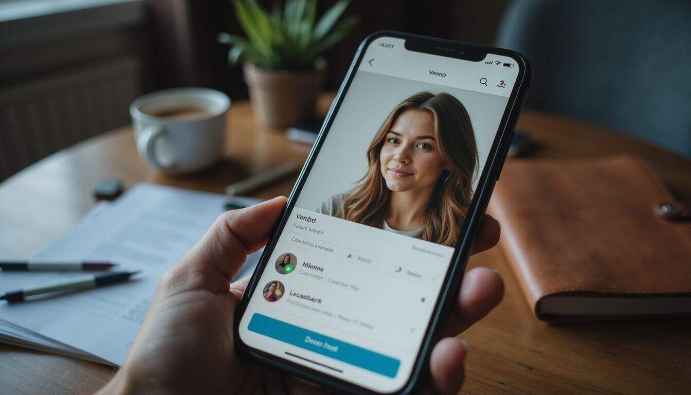 A smartphone displays the Venmo app's search results, with a detailed profile of a female friend amidst a cluttered desk.