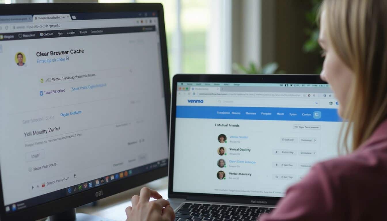 A person is using a desktop computer to clear cache and search for a Venmo account on a laptop. A person is using a desktop computer to clear cache and search for a Venmo account on a laptop.