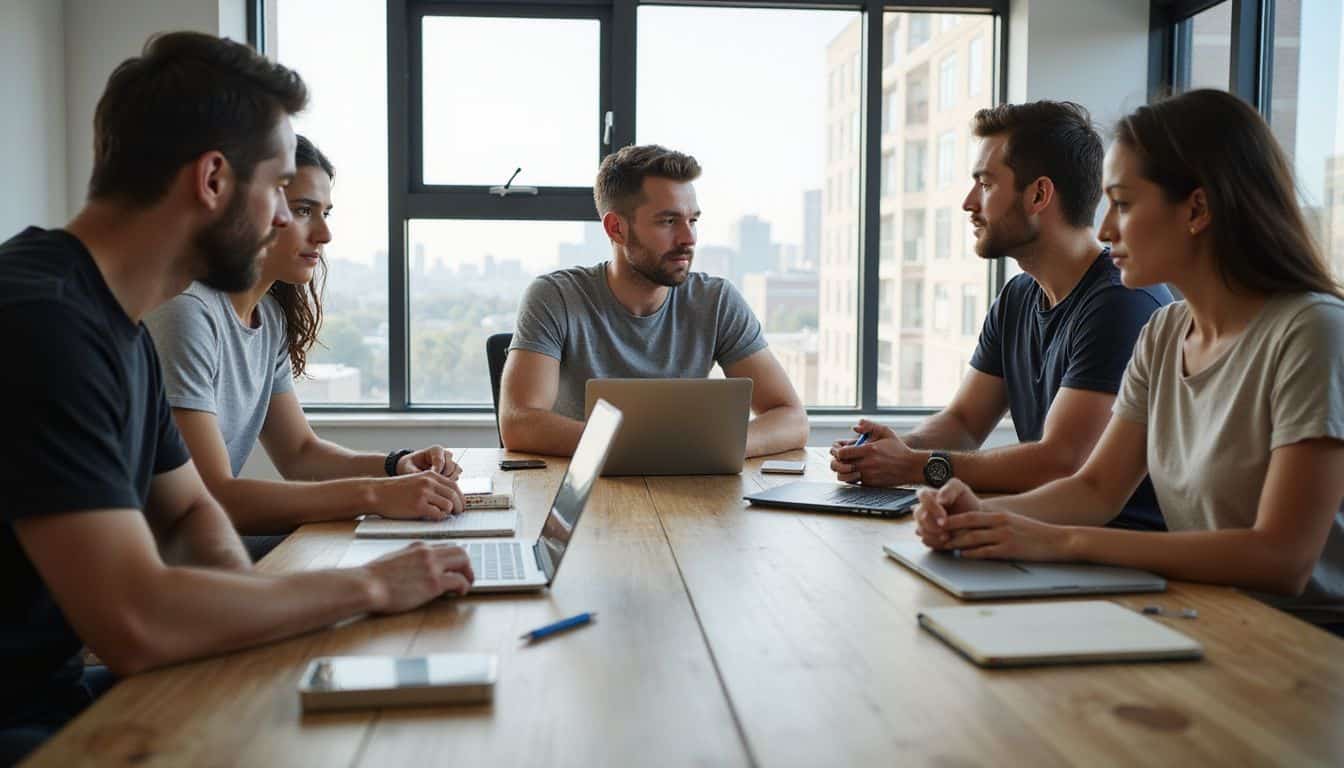 A developer speaks with teammates at a sunny conference table in a startup office. A developer speaks with teammates at a sunny conference table in a startup office.
