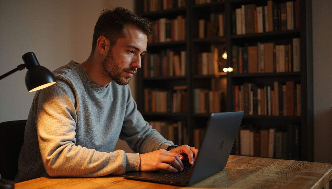 A remote developer codes at home with books and notes nearby. A remote developer codes at home with books and notes nearby.