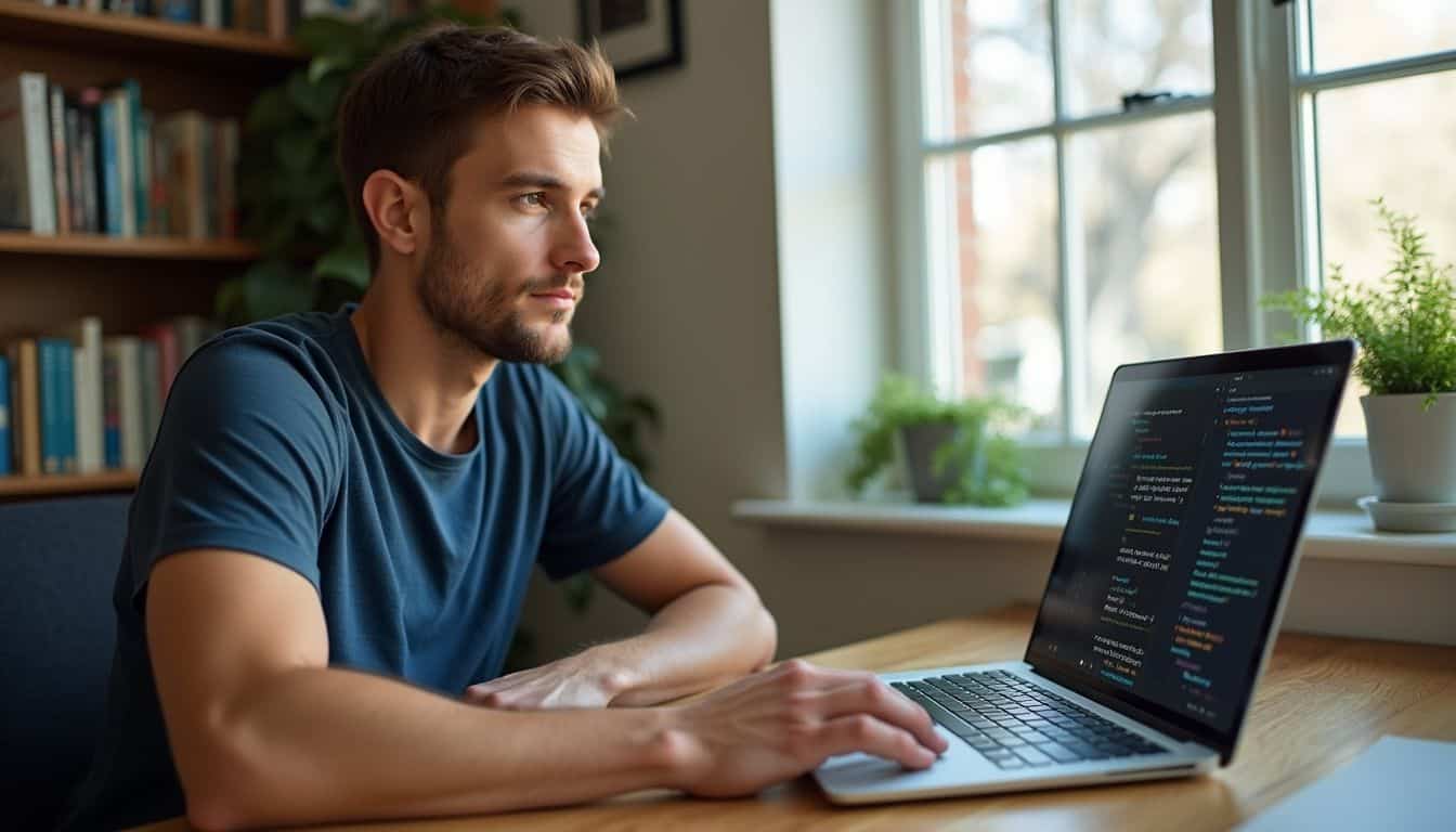 A developer joins a Zoom interview while coding on a laptop at home. A developer joins a Zoom interview while coding on a laptop at home.