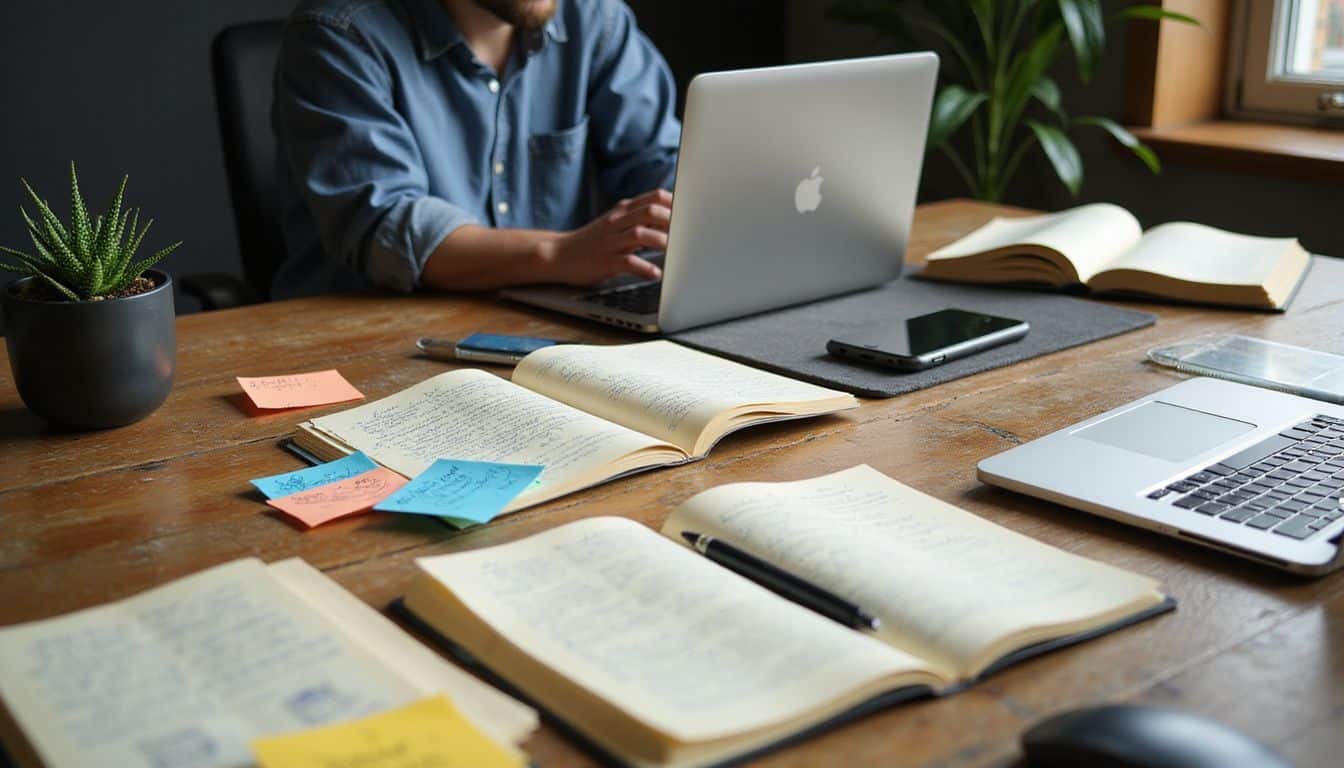 A founder maps tech needs on a desk with devices, notes, and sticky flags. A founder maps tech needs on a desk with devices, notes, and sticky flags.