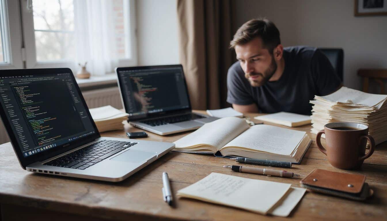 Two laptops, notes, and coffee on a desk during a code review session. Two laptops, notes, and coffee on a desk during a code review session.