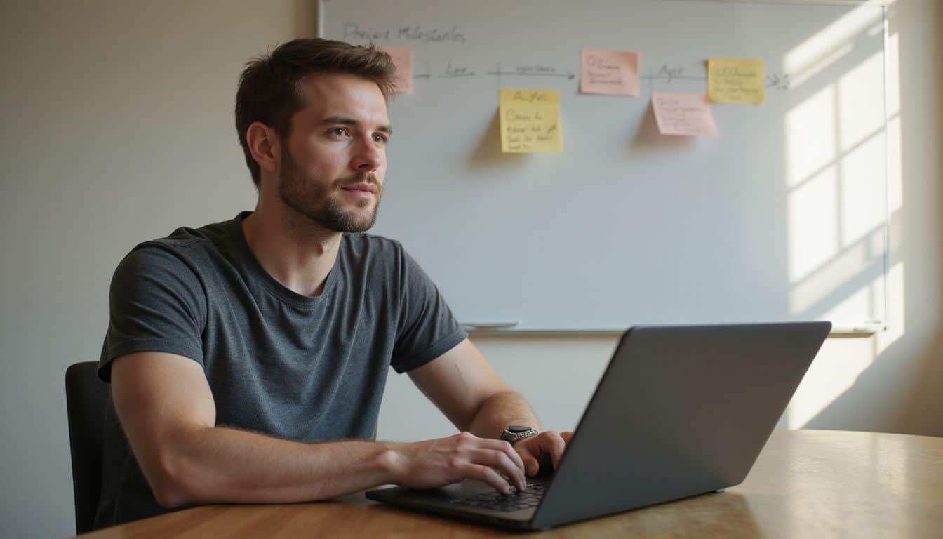A founder reviews sprint notes beside a laptop and calendar. A founder reviews sprint notes beside a laptop and calendar.