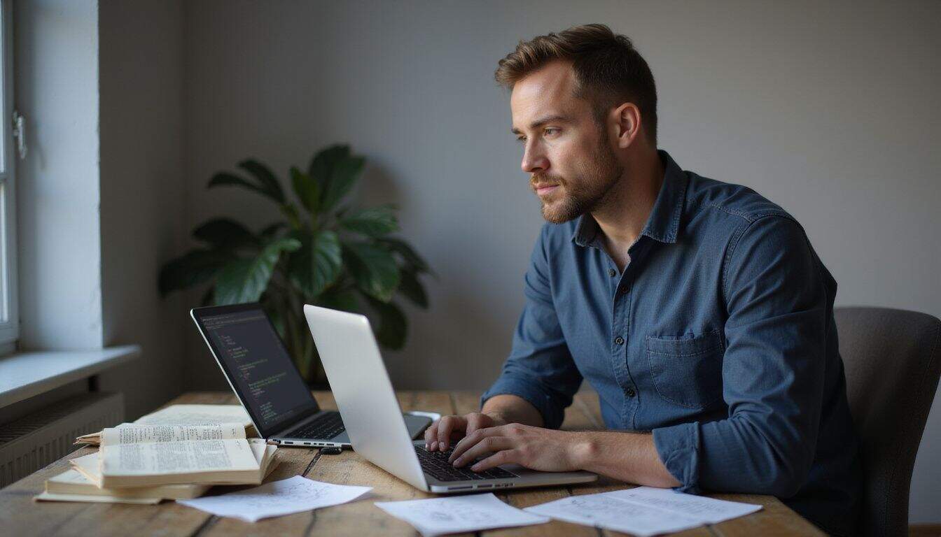 A developer studies notes on hiring trends while coding at a desk. A developer studies notes on hiring trends while coding at a desk.