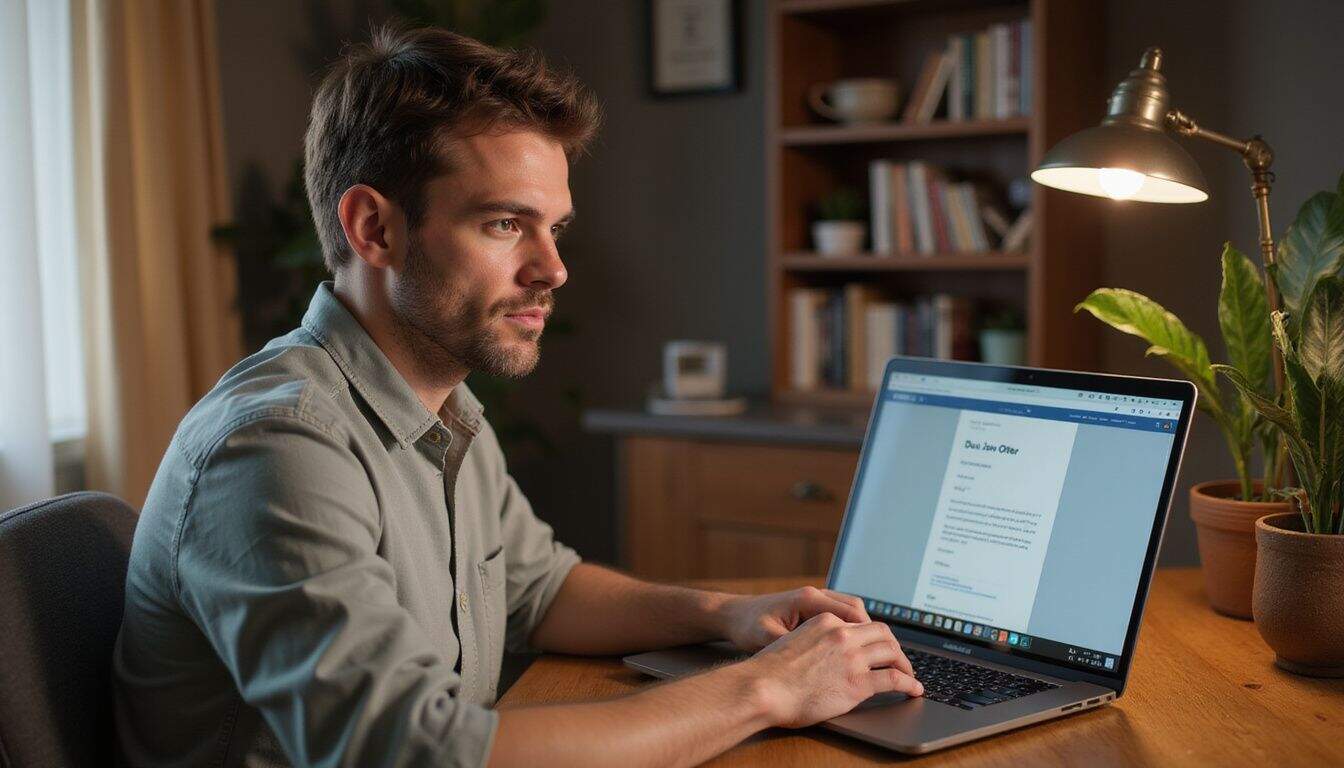 A founder prepares a job offer on a laptop at a wooden desk. A founder prepares a job offer on a laptop at a wooden desk.