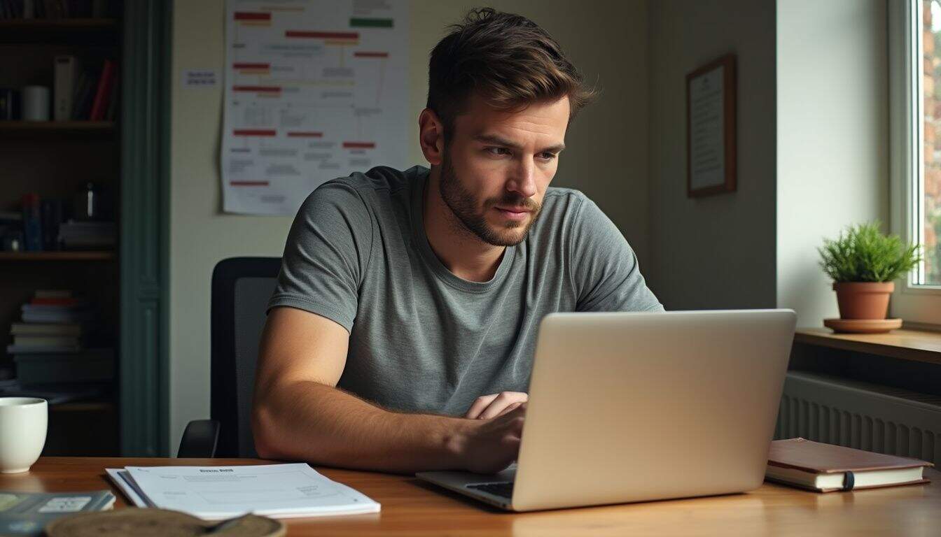 A new hire sets up accounts and reads docs at a tidy desk. A new hire sets up accounts and reads docs at a tidy desk.