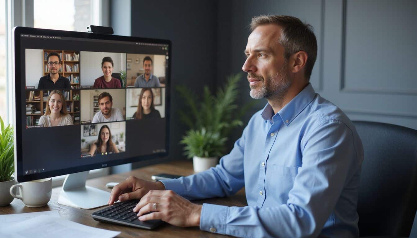 A manager meets remotely with developers across several locations on a group call. A manager meets remotely with developers across several locations on a group call.