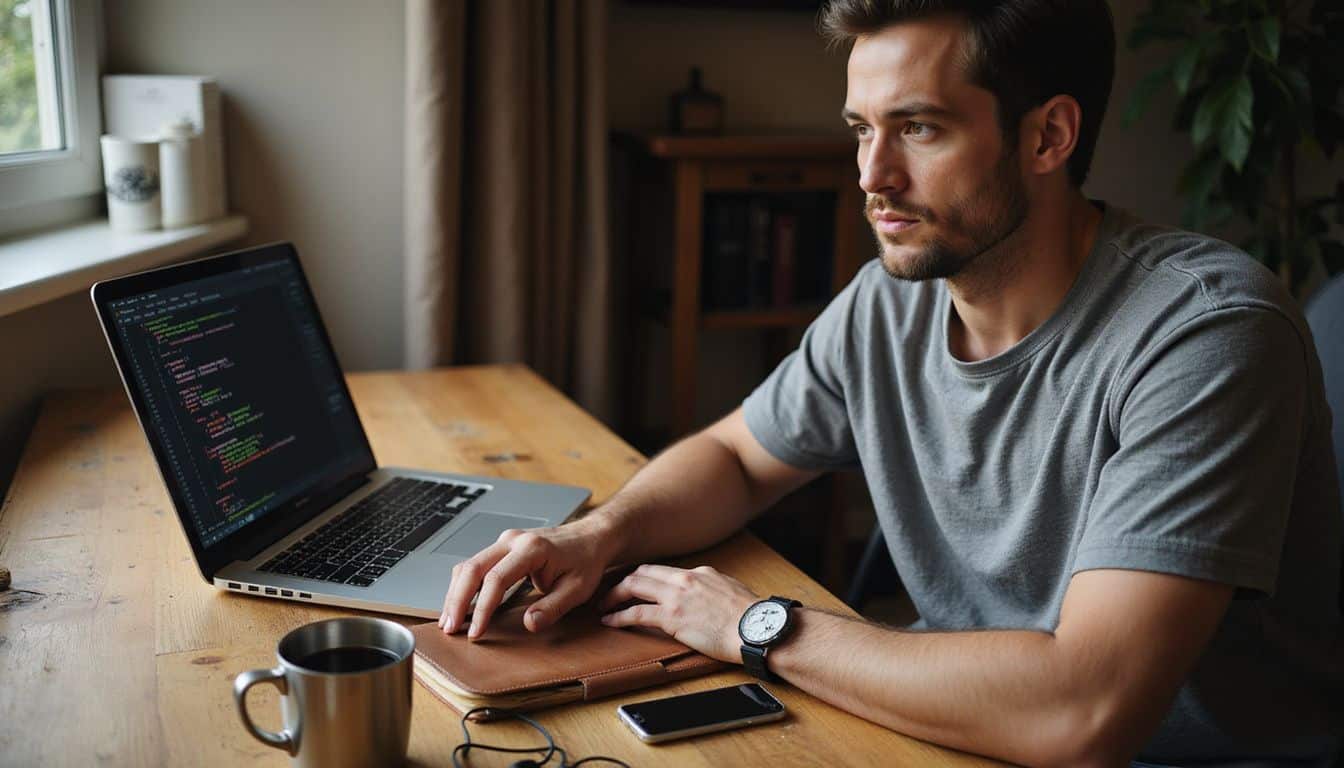 A developer writes code at a desk with everyday office tools. A developer writes code at a desk with everyday office tools.