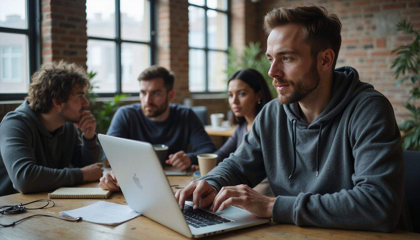 A hiring lead chats with developers in a relaxed coworking lounge. A hiring lead chats with developers in a relaxed coworking lounge.
